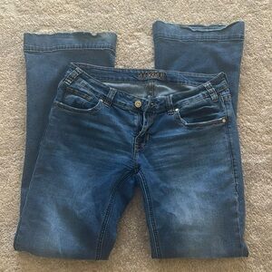 Rock & Roll Cowgirl Trouser Womens 30x34 Blue Low Rise Flare Stretch Denim 30x33